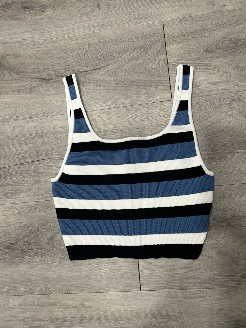 Babaton Blue, Black & White Striped Ribbed Crop Tank